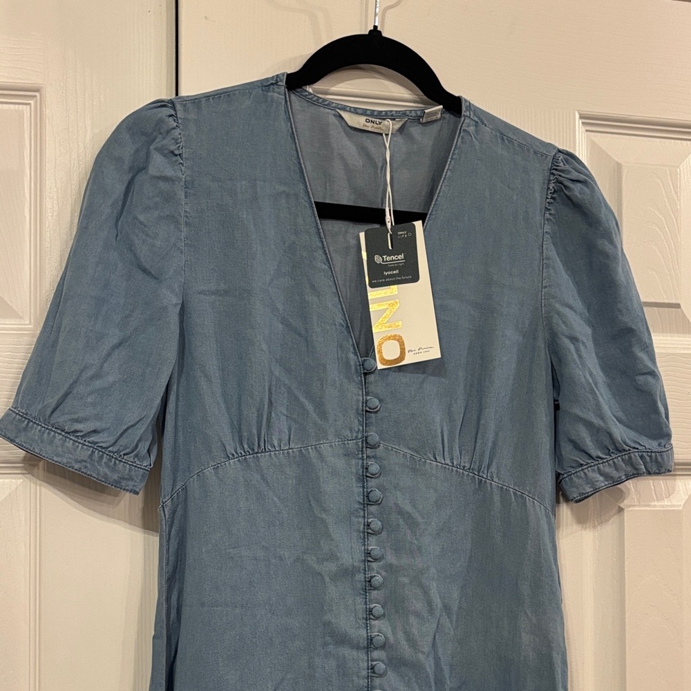 Only | S | V-Neck Button-Front Denim 100% Lyocell Midi Dress - Blue - Picture 5 of 5